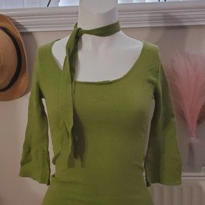 Le Château Bell Sleeve tie neck sash Knit Ribbed Top- Grass Green- XXS